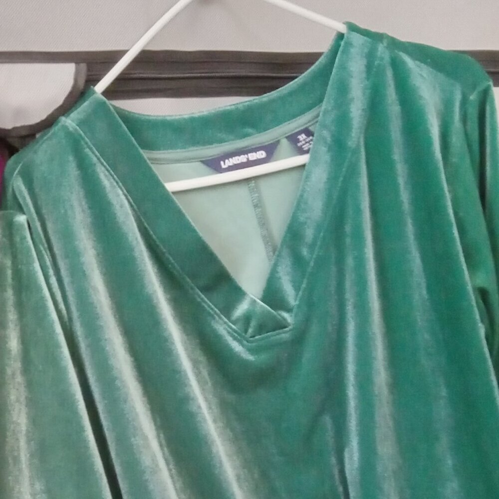 Lands' End Green Velour Split Neck Stretch Tunic Shirt Top 3X